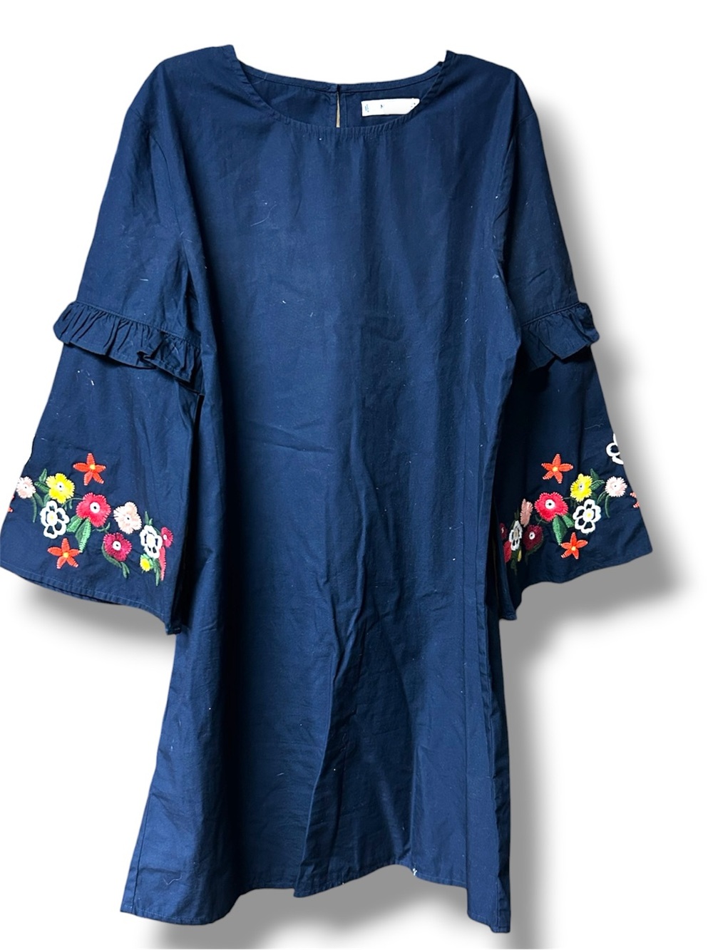 Mango Navy Floral Embroidered Bell Sleeve Dress